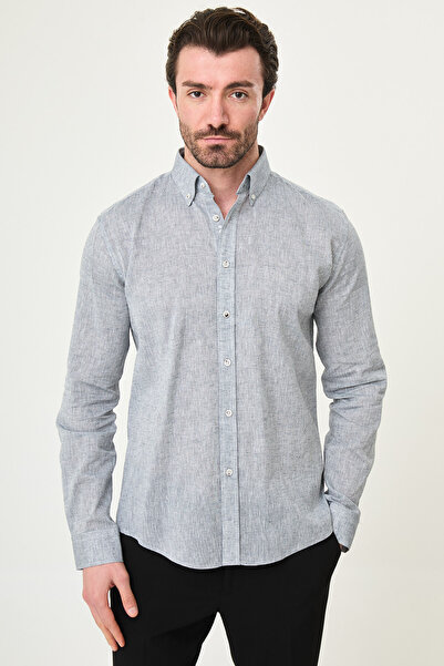 Mcr Straight Slim Fit Button-Collar Linen Men's Shirt Gray - 27147.26Y
