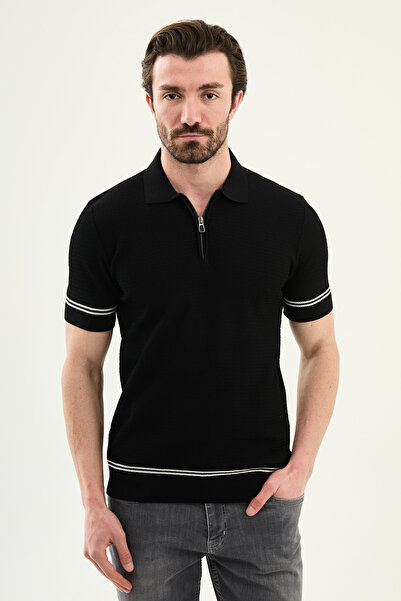 Mcr Tricou tricotat pentru bărbați, cu detaliu în dungi, croială slim, cu gul...