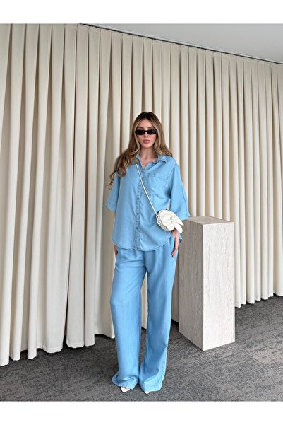 Laluvia Light Blue Tencel Fabric Shirt and Pants Set - 0926