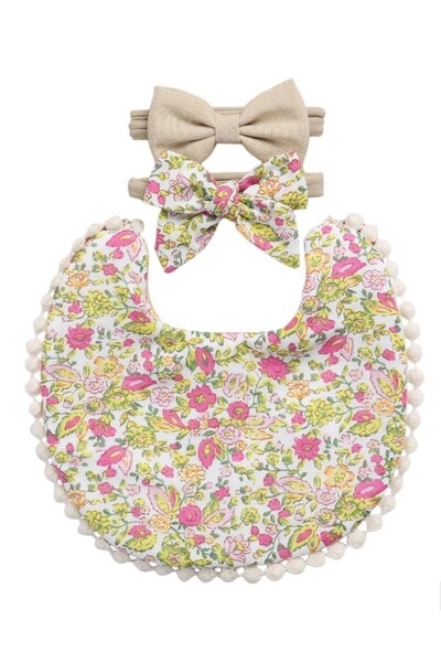 Bambimici -Angelica Baby Bib and Headband - Floral Yellow & Pink- 0Y to 4Y