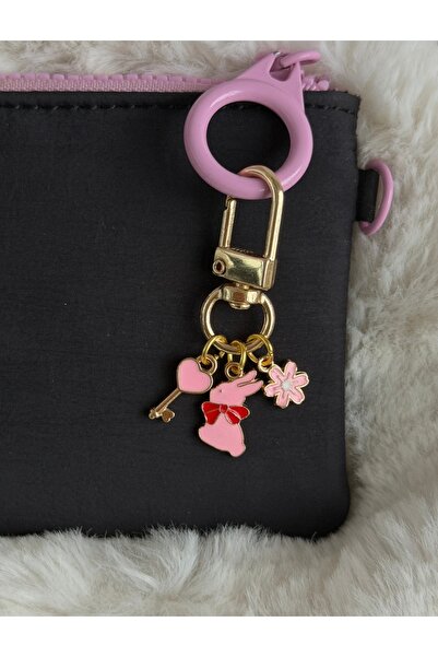 WhimsyWhite Gold Bag Accessory with Pink Rabbit, Heart Key, and Cherry Blosso...