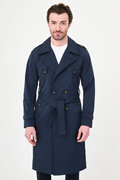 Mcr معطف طويل رجالي بقصة ضيقة وحزام وياقة مزدوجة باللون الأزرق الداكن - 21340...