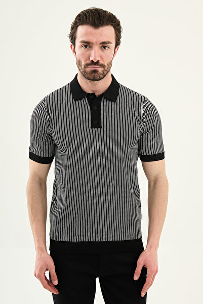 Mcr Striped Slim Fit Polo Collar Men's Knitwear T-Shirt Black - 11590.26Y