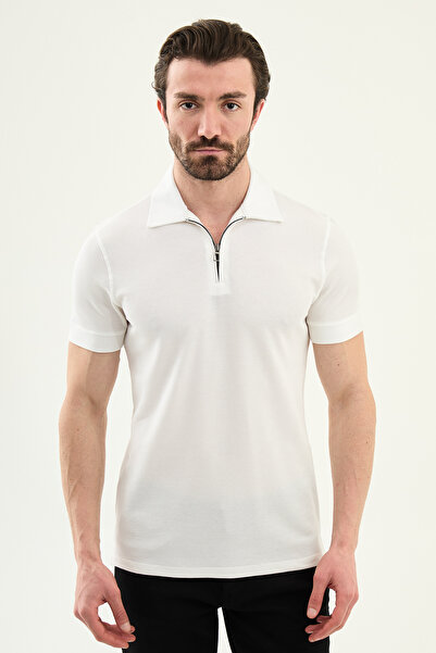 Mcr Plain Slim Fit Zippered Polo Collar Men's T-Shirt White - 36859.26Y