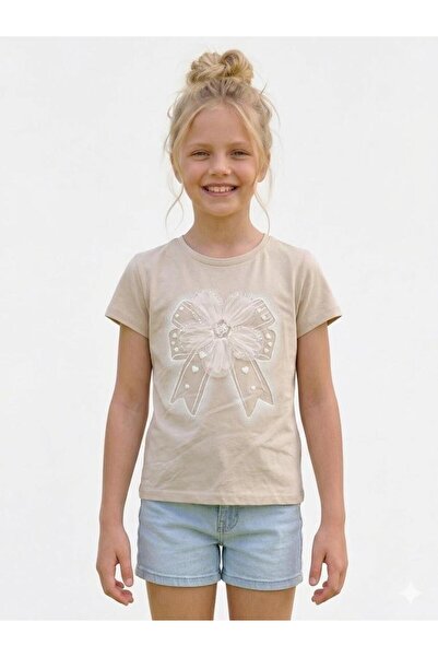 Bambam Момичешка бежова кроп тениска - Лятна тениска с перлен и тюлен флорале...