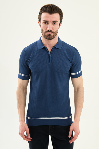 Mcr Tricou tricotat pentru bărbați, cu detaliu în dungi, croială slim, cu gul...