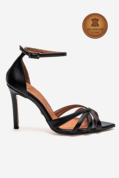 Ayakkabı Ateşi Γνήσιο δέρμα Γυναικεία παπούτσια από μαύρο δέρμα με λεπτό λουρ...