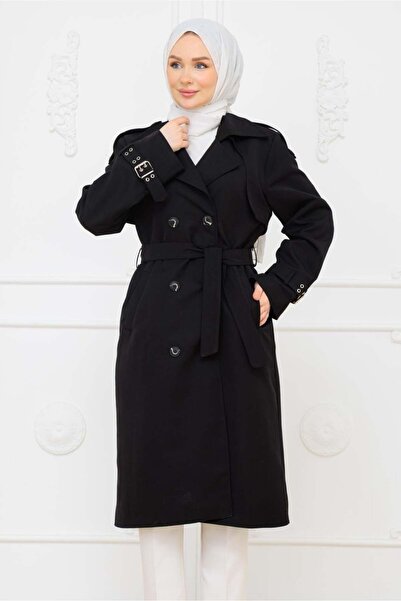 PAVENTİ Trench elegant, detaliat, cu curea și nasturi, negru