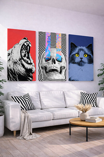 EvimeTablo Pop Art Aslan 3’lü Kanvas Tablo Seti Modern Duvar Dekoru Salon Ofi...