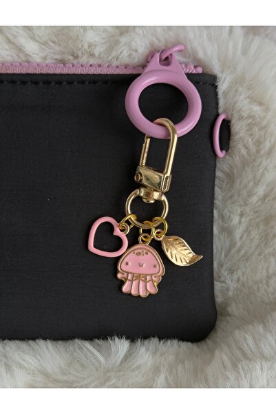 WhimsyWhite Gold Keychain with Pink Jellyfish, Heart and Gold Leaf Figures - ...