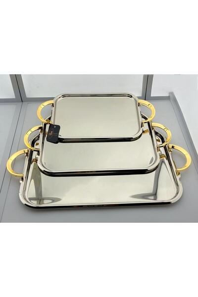 aljahwari 3-piece serving tray set, nickel finish, gold handle