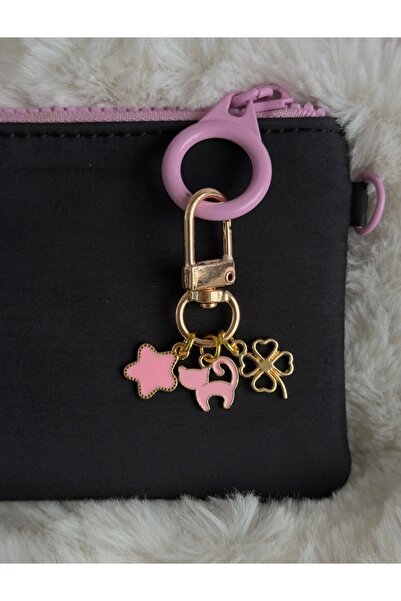 WhimsyWhite Pink Star, Cat and Gold Clover Detailed Bag Ornament - Minimal Ac...