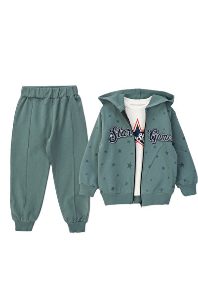 Yakup bebe Boys' Hooded Zippered Tracksuit Set Star Patterned Casual Sports S...