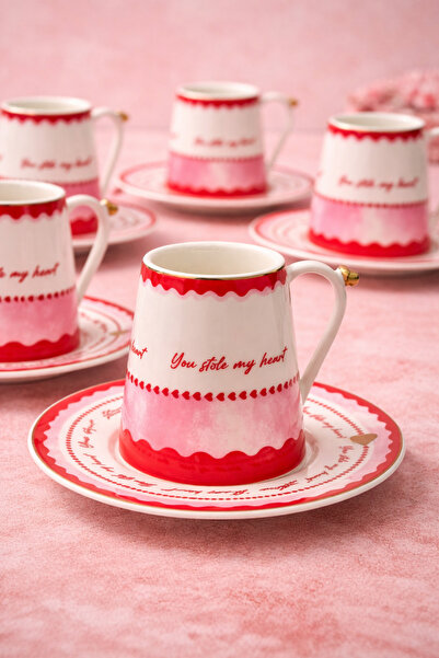 YzHome Acar 6-Person Luxury Porcelain Red Love Patterned Coffee Cup Set 100ml