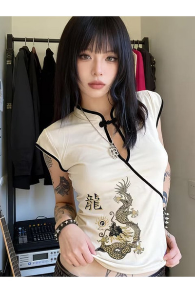 Chirkef Ecru Mandarin Collar Dragon Motif Vintage Short Sleeve Crop Dragon
