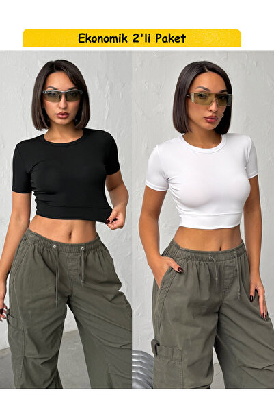 Nordmende Women's Crew Neck Short Sleeve Two Color (Black/White) Body Crop