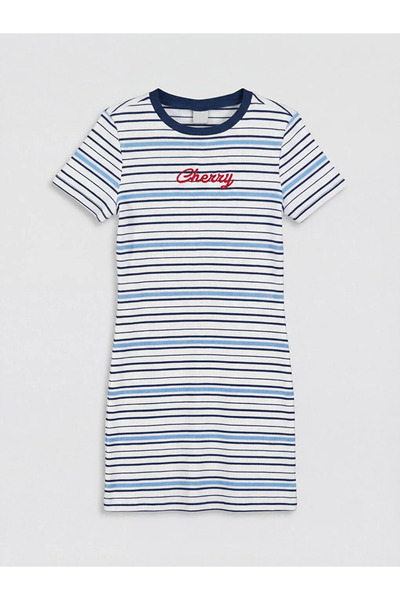 LC Waikiki Lcw Kids Navy Blue Striped Girls' Ribbed Dress