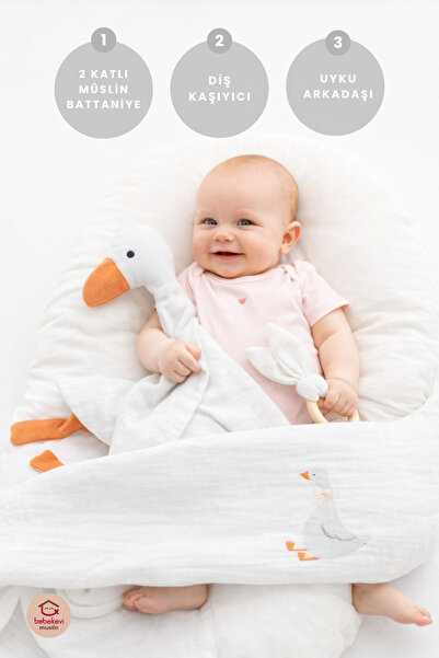 Bebekevi Müslin Bebek Seti 3 Parça (%100 Pamuk Battaniye, Uyku Arkadaşı & Diş...