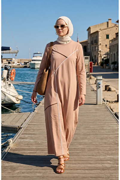 sefamerve Plus Size Geometric Striped Dress 12021-01 Beige