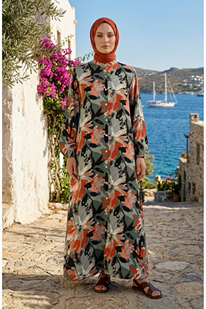 sefamerve Rochie elastică cu mâneci cu nasturi și imprimeu 0251-02 Kaki Somon