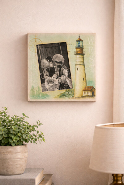 PARTİPORT Decorative Lighthouse Photo Frame 20X20 cm – Vintage Wooden Frame C...