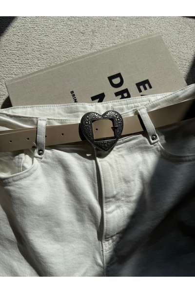 coaksco Women's Black Antique Heart Buckle Beige Belt