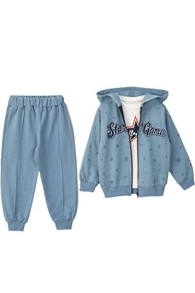 Yakup bebe Boys' Hooded Zippered Tracksuit Set Star Patterned Casual Sports S...