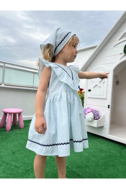 Hilora Baby Kids Girl's Blue Striped Ruffle Dress & Bandana Set