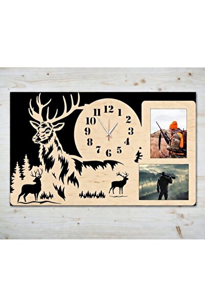 damoro Ceas de perete vanatoresc,cu 2 poze,Lemn