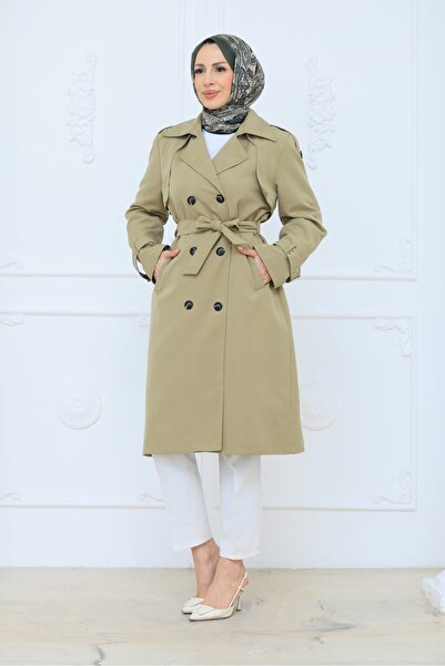 PAVENTİ Şık Detaylı Kemerli Düğmeli Trençkot Yeşil
