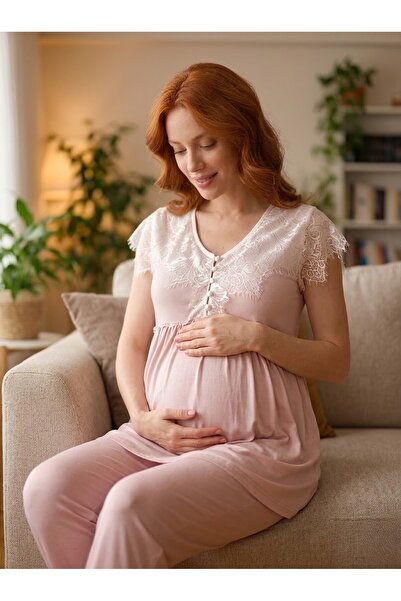 Lohusa Homewear New Season Powder Maternity Summer Stylish Lace Detailed Shor...