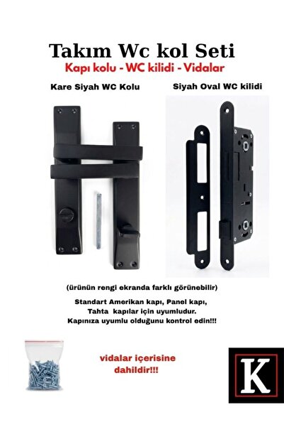 GenelTedarik üks Kare Siyah Banyo & Tuvalet Kapı Kolu Takımı - Mandallı WC Ki...