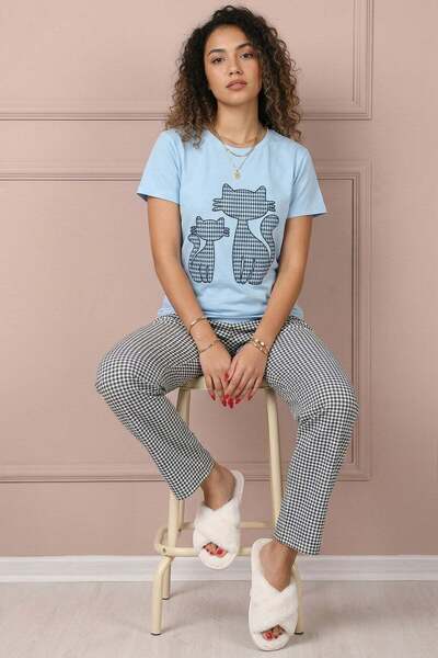 Niket Life Cat Patterned Short Sleeve Pajama Set Blue