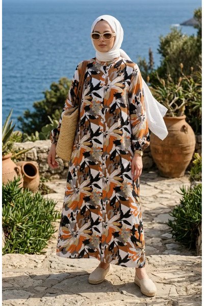 sefamerve Patterned Buttoned Elastic Sleeve Dress 0251-01 Brown Orange