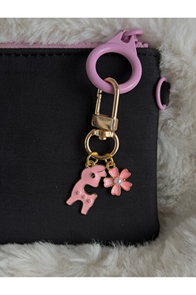 WhimsyWhite Pink Flower and Deer Figured Keychain with Pearl Detail - Gold Ba...