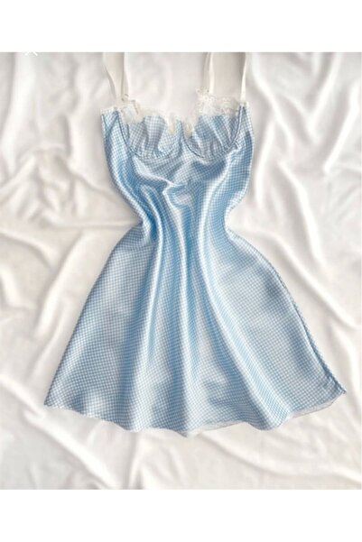 HAMA LOVE طقم ثوب نوم نسائي من الساتان الأزرق