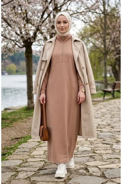 sefamerve Dress with Zipper Detail on the Collar 71041-01 Beige