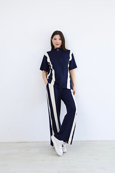 sportiness Zipper Detailed, Decorated, Wide Leg Modal Fabric Tracksuit Set