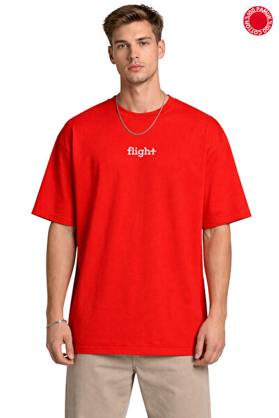DUBU BUTİK Red Oversize T-Shirt Unisex 100% Cotton Flight Printed Loose Basic...
