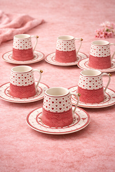 YzHome Acar 6-Person Luxury Porcelain Red Love Patterned Coffee Cup Set 100ml