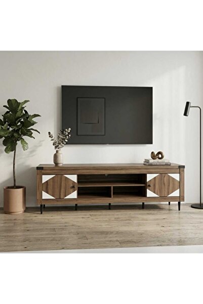 Arnohome Wooden Tv Table with Dark Walnut Touches and Innovative Geometric Ar...