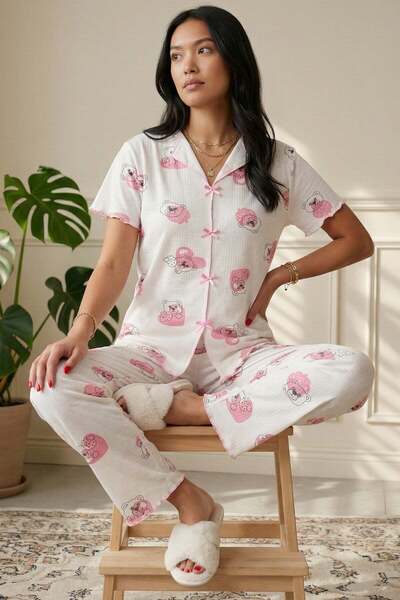 Niket Life Women's Teddy Bear and Strawberry Patterned Ribbed V-Neck Short Sl...