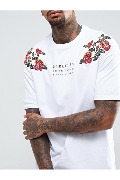 CLASSY.MODA Υπερμεγέθη μπλουζάκι με στάμπα τριαντάφυλλο στους ώμους και λαιμό...