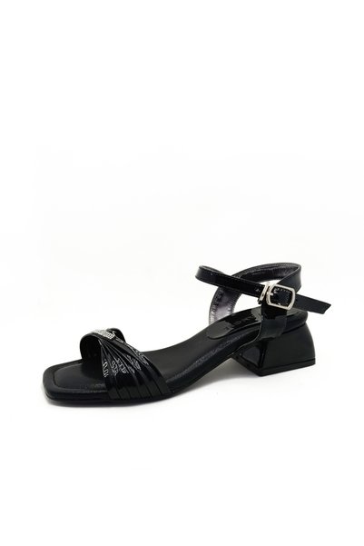 GDT Ayakkabı Black Stone Detailed Thick Heeled Girl's Evening Dress Shoes