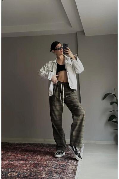 yesmoda Plaid Patterned Lace-Up Sweatpants