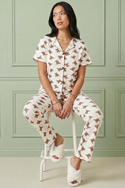 Niket Life Women's Teddy Bear Patterned Ribbed V-Neck Short Sleeve Long Camis...