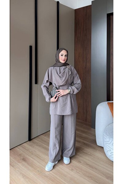 vikitekno طقم نسائي مكون من قطعتين بجودة ممتازة من قماش المودال مع ياقة شال و...