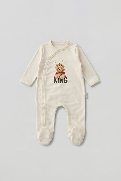 Overoz Erkek Bebek Patikli Tulum King Teddy Bear Baskılı Çıtçıtlı Ekru Zıbın Tulum 5762