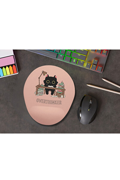 IVART Overthinker- Cute Black Cat Patterned Oval Mouse Pad with Wrist Support