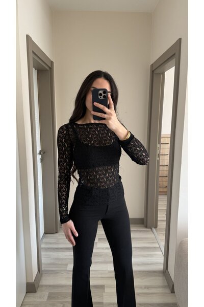 CurcunaShop Women's Boat Neck Transparent Lace Blouse